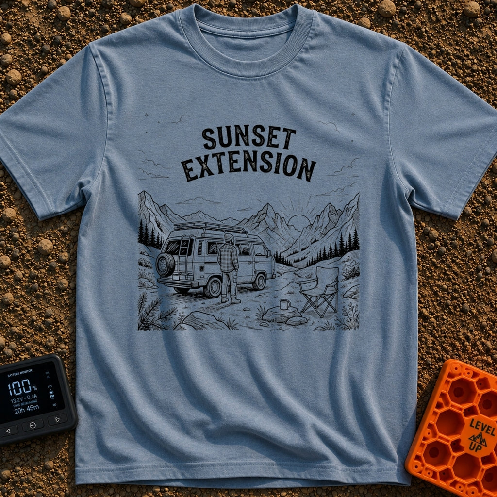 Endless Sunset Views - T-Shirt in Blue Jean - A black and white line drawing of a man in a plaid shirt standing next to a...