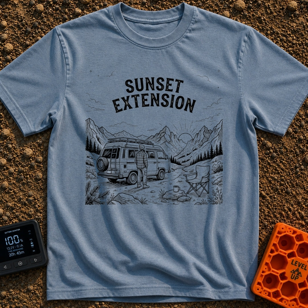 Endless Sunset Views - T-Shirt in Blue Jean - A black and white line drawing of a man in a plaid shirt standing next to a...