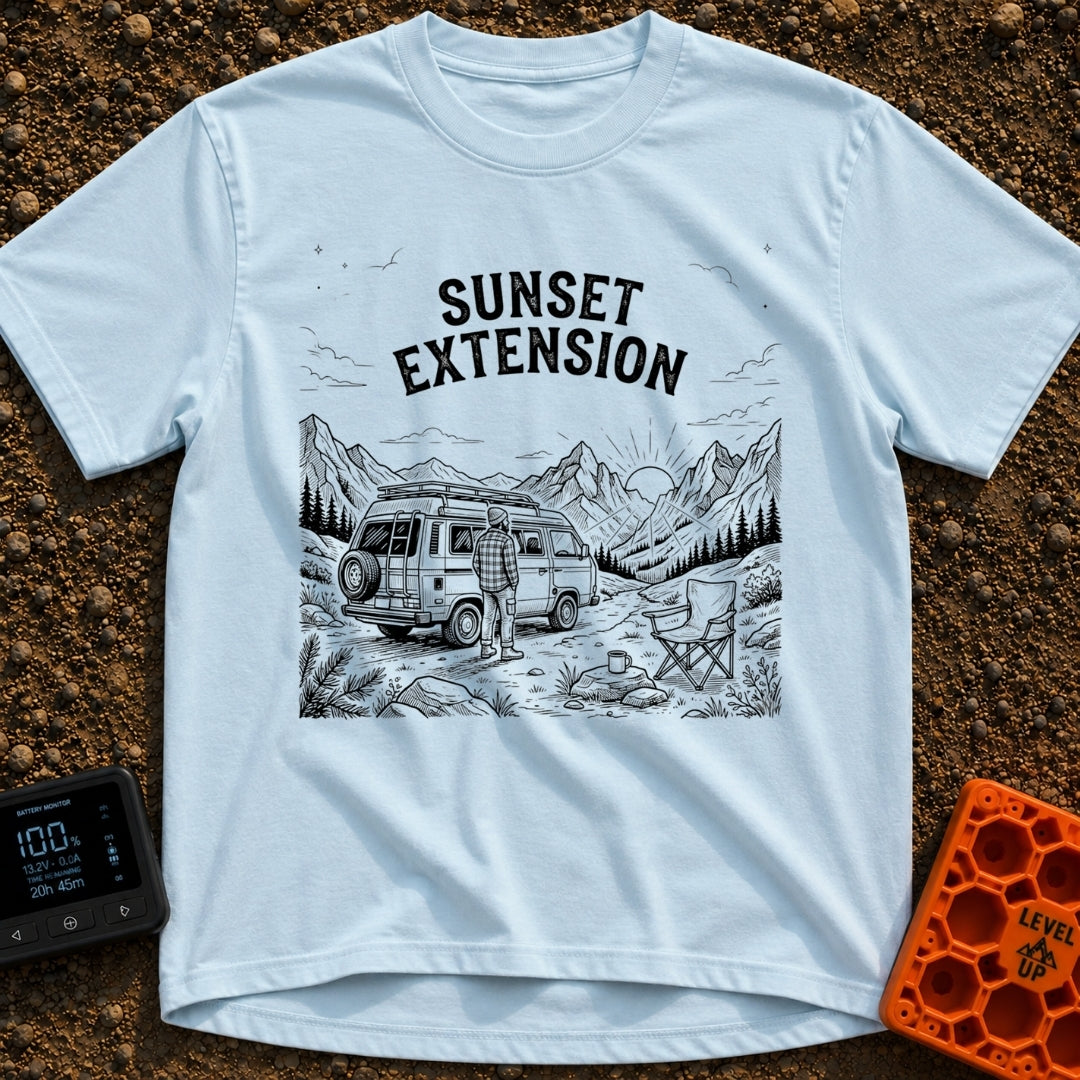 Endless Sunset Views - T-Shirt in Chambray - A black and white line drawing of a man in a plaid shirt standing next to a...