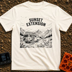 Endless Sunset Views - T-Shirt in Ivory - A black and white line drawing of a man in a plaid shirt standing next to a...