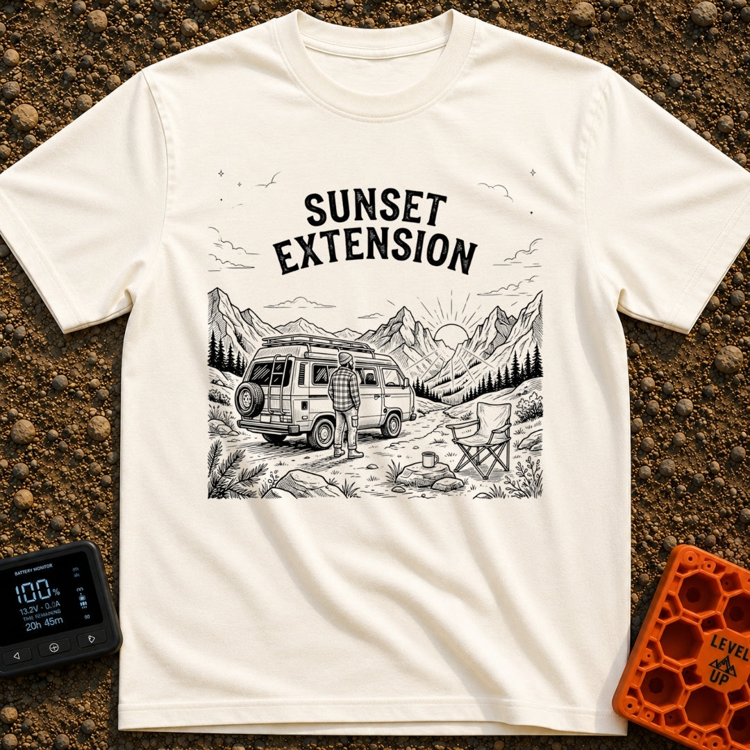 Endless Sunset Views - T-Shirt in Ivory - A black and white line drawing of a man in a plaid shirt standing next to a...