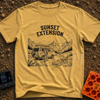 Endless Sunset Views - T-Shirt in Mustard - A black and white line drawing of a man in a plaid shirt standing next to a...