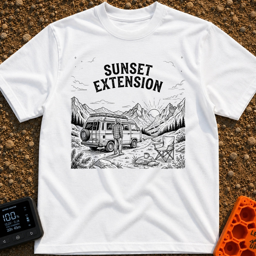 Endless Sunset Views - T-Shirt in White - A black and white line drawing of a man in a plaid shirt standing next to a...