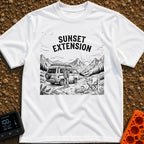 Endless Sunset Views - T-Shirt in White - A black and white line drawing of a man in a plaid shirt standing next to a...