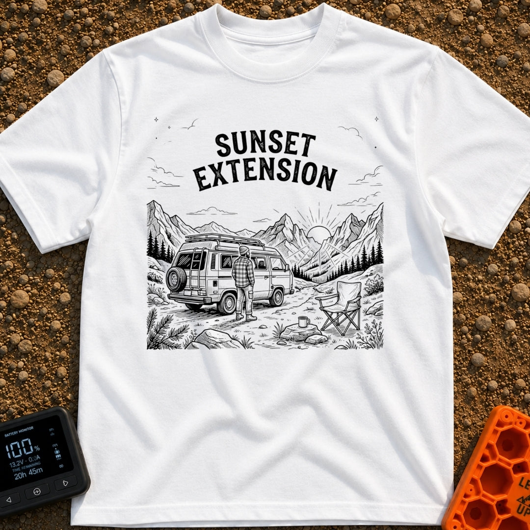 Endless Sunset Views - T-Shirt in White - A black and white line drawing of a man in a plaid shirt standing next to a...