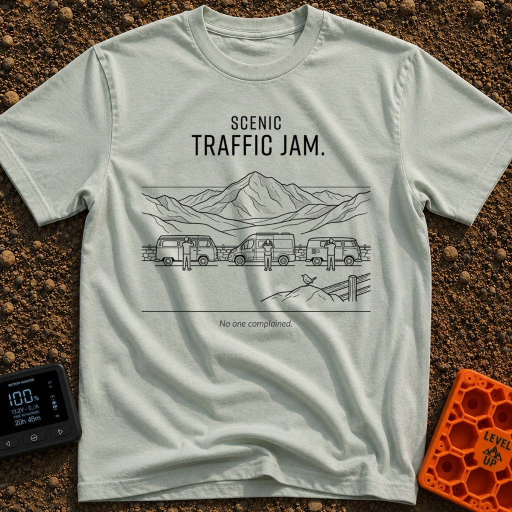 Gridlock With A View - T-Shirt in Bay - Line art depicting three camper vans parked along a roadside overlooking a large...