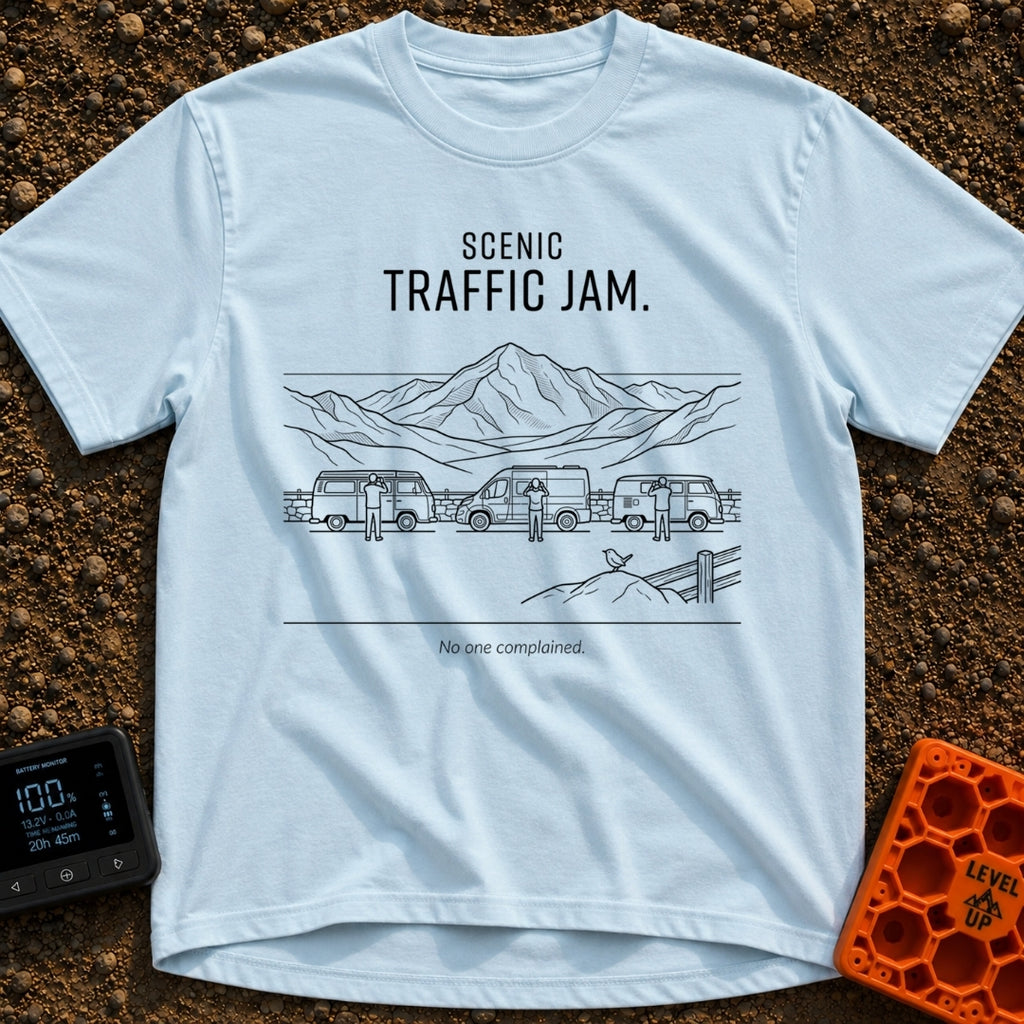 Gridlock With A View - T-Shirt in Chambray - Line art depicting three camper vans parked along a roadside overlooking a...