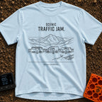 Gridlock With A View - T-Shirt in Chambray - Line art depicting three camper vans parked along a roadside overlooking a...