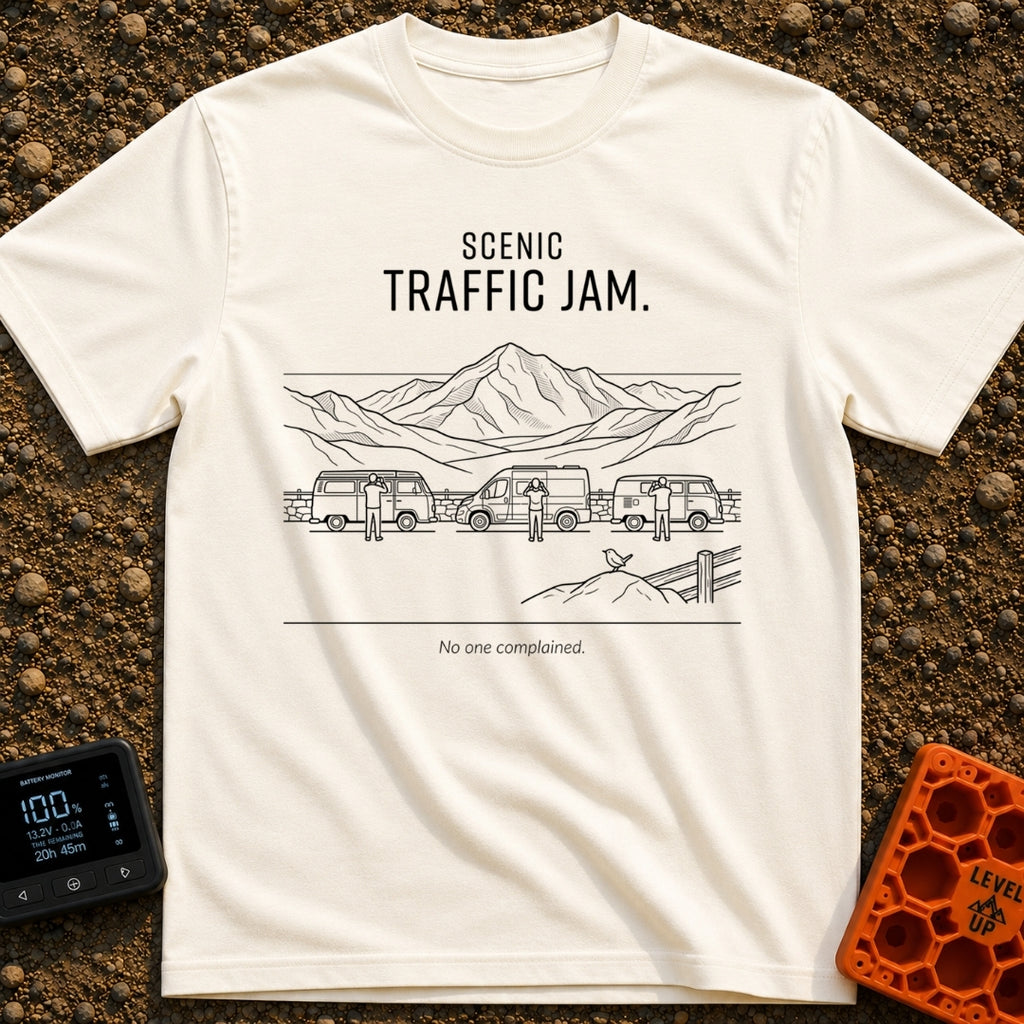 Gridlock With A View - T-Shirt in Ivory - Line art depicting three camper vans parked along a roadside overlooking a...