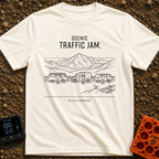 Gridlock With A View - T-Shirt in Ivory - Line art depicting three camper vans parked along a roadside overlooking a...