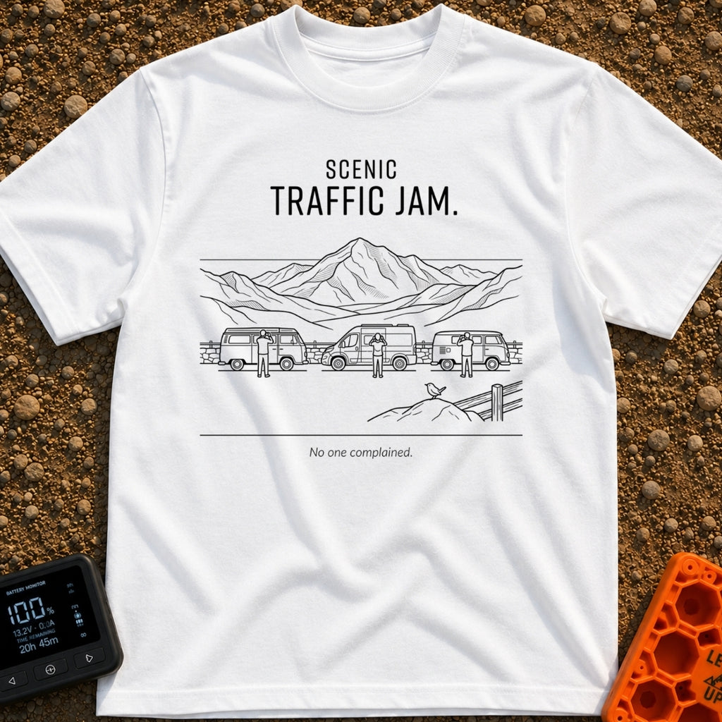 Gridlock With A View - T-Shirt in White - Line art depicting three camper vans parked along a roadside overlooking a...