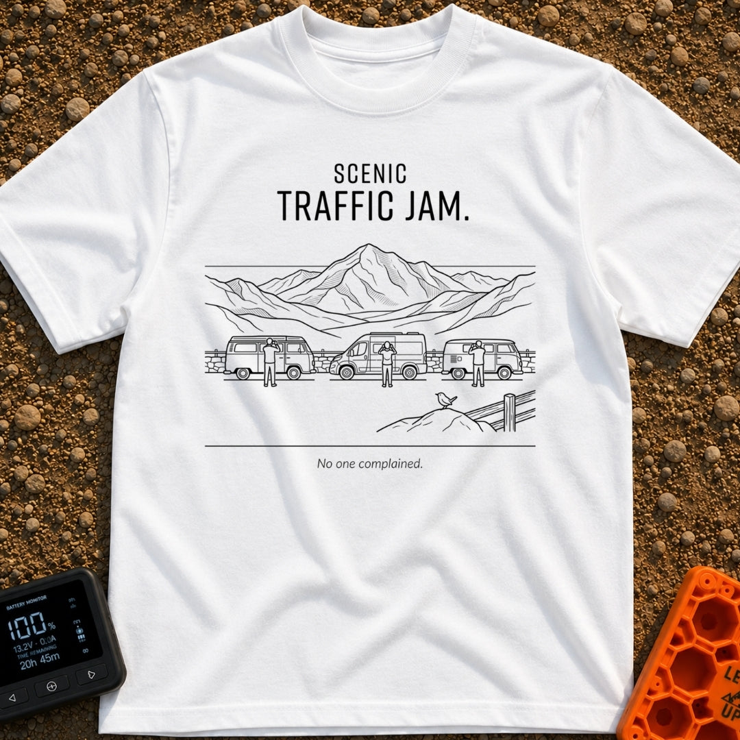 Gridlock With A View - T-Shirt in White - Line art depicting three camper vans parked along a roadside overlooking a...