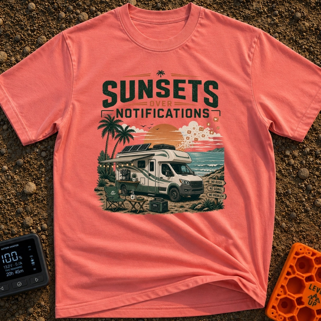 Sunsets Over Screens - T-Shirt in Watermelon - An RV parked on a beach at sunset with solar panels on the roof, an awning...