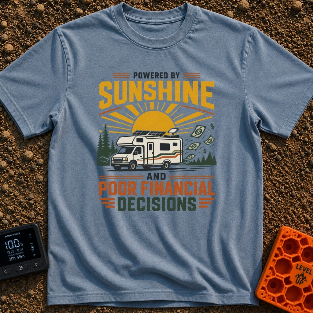Sunshine And Poor Decisions - T-Shirt in Blue Jean - A graphic illustration of a white Class C motorhome with...