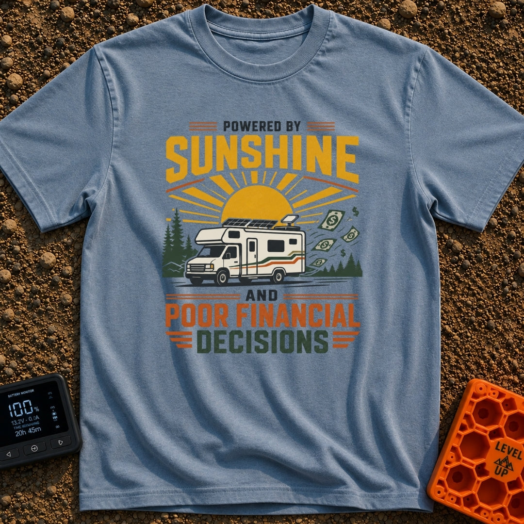 Sunshine And Poor Decisions - T-Shirt in Blue Jean - A graphic illustration of a white Class C motorhome with...