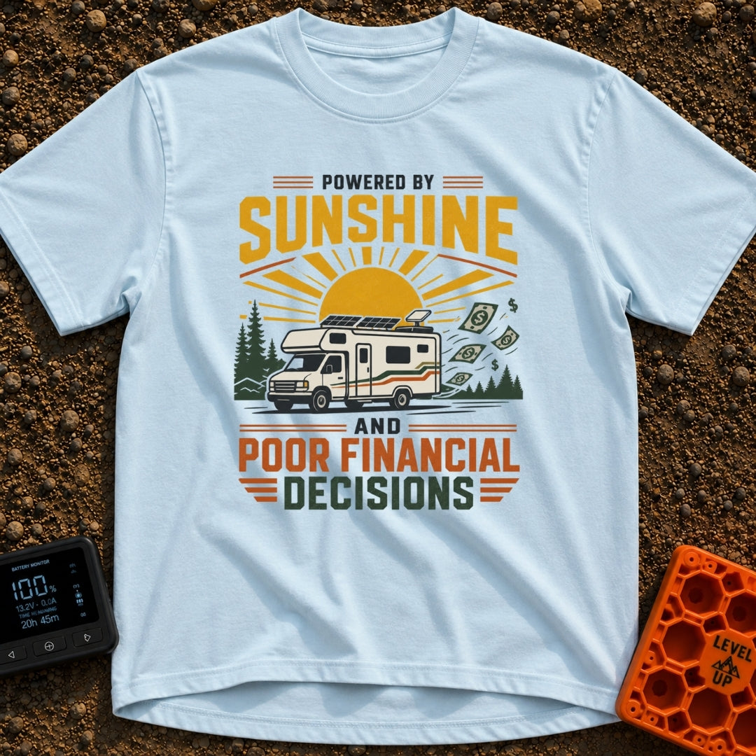Sunshine And Poor Decisions - T-Shirt in Chambray - A graphic illustration of a white Class C motorhome with roof-mounted...