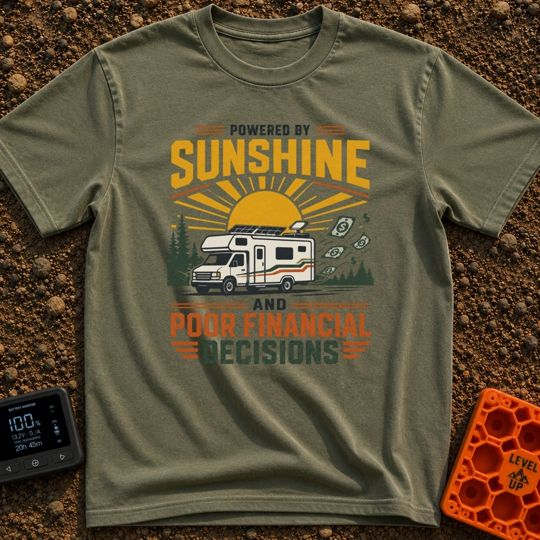 Sunshine And Poor Decisions - T-Shirt in Moss - A graphic illustration of a white Class C motorhome with roof-mounted...