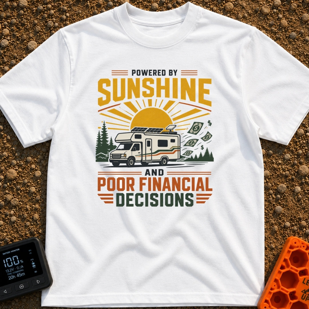 Sunshine And Poor Decisions - T-Shirt in White - A graphic illustration of a white Class C motorhome with roof-mounted...