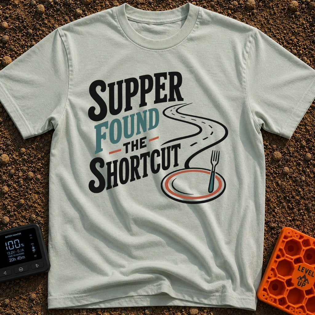 Shortcut To Supper - T-Shirt in Bay - Text reading "SUPPER FOUND THE SHORTCUT" alongside a graphic of a winding road that...