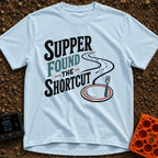 Shortcut To Supper - T-Shirt in Chambray - Text reading "SUPPER FOUND THE SHORTCUT" alongside a graphic of a winding road...