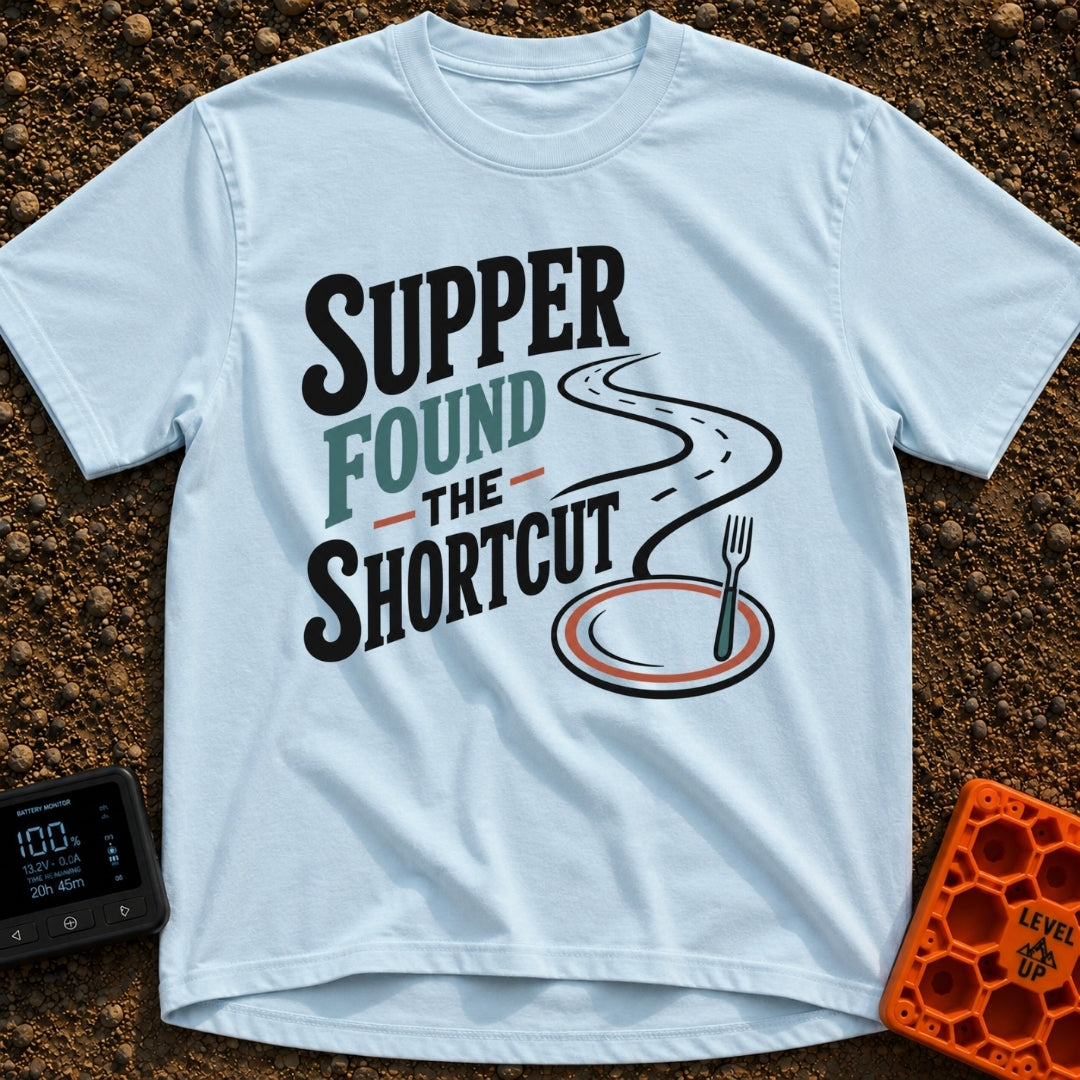 Shortcut To Supper - T-Shirt in Chambray - Text reading "SUPPER FOUND THE SHORTCUT" alongside a graphic of a winding road...