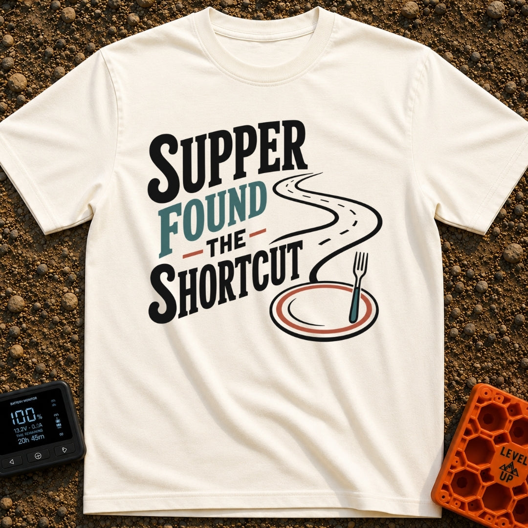 Shortcut To Supper - T-Shirt in Ivory - Text reading "SUPPER FOUND THE SHORTCUT" alongside a graphic of a winding road...