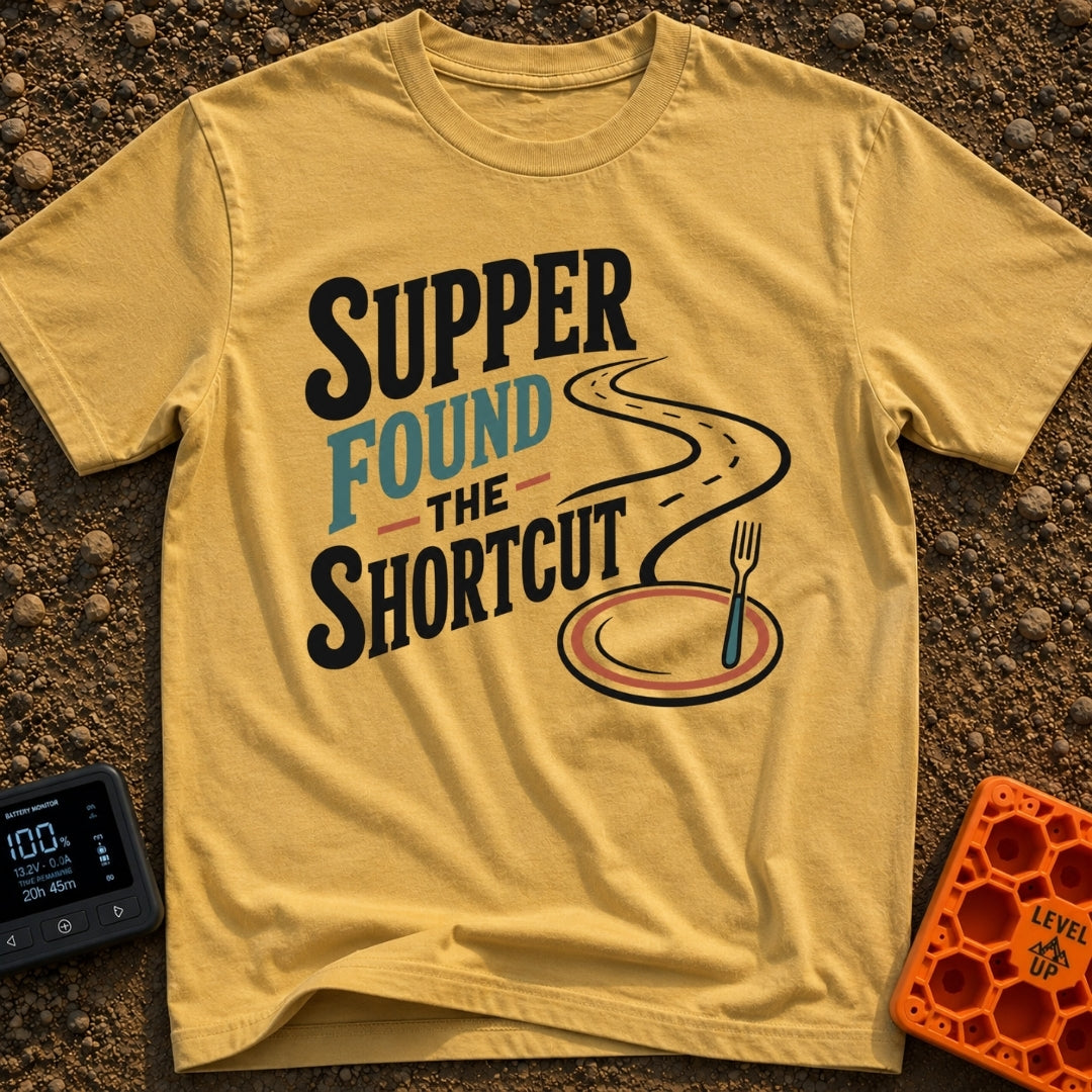 Shortcut To Supper - T-Shirt in Mustard - Text reading "SUPPER FOUND THE SHORTCUT" alongside a graphic of a winding road...