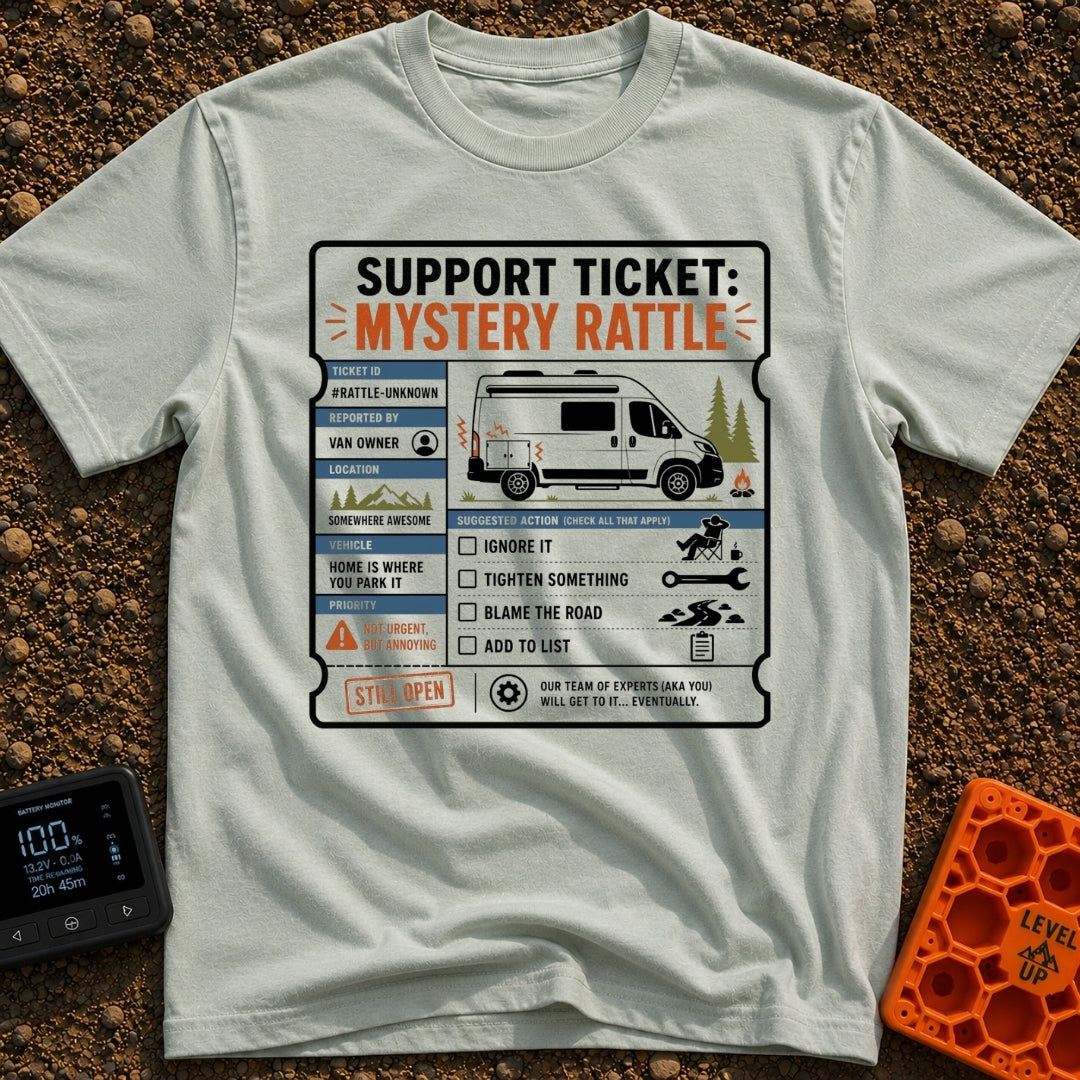 Mystery Rattle Support - T-Shirt in Bay - A graphic styled as a mock support ticket titled "Mystery Rattle," featuring an...