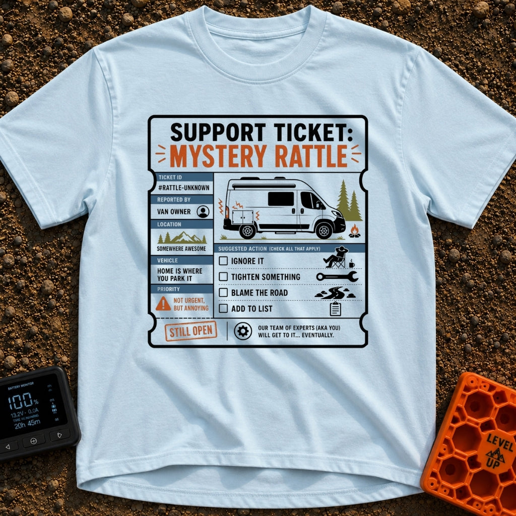 Mystery Rattle Support - T-Shirt in Chambray - A graphic styled as a mock support ticket titled "Mystery Rattle,"...