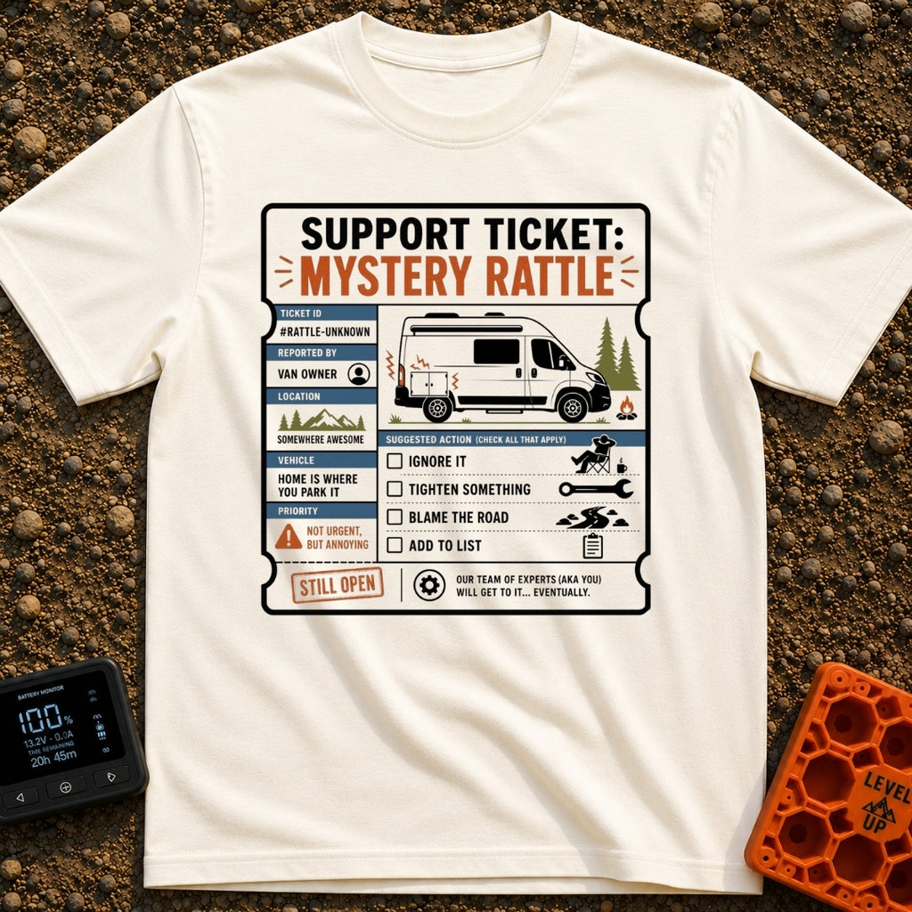 Mystery Rattle Support - T-Shirt in Ivory - A graphic styled as a mock support ticket titled "Mystery Rattle," featuring...
