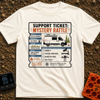 Mystery Rattle Support - T-Shirt in Ivory - A graphic styled as a mock support ticket titled "Mystery Rattle," featuring...