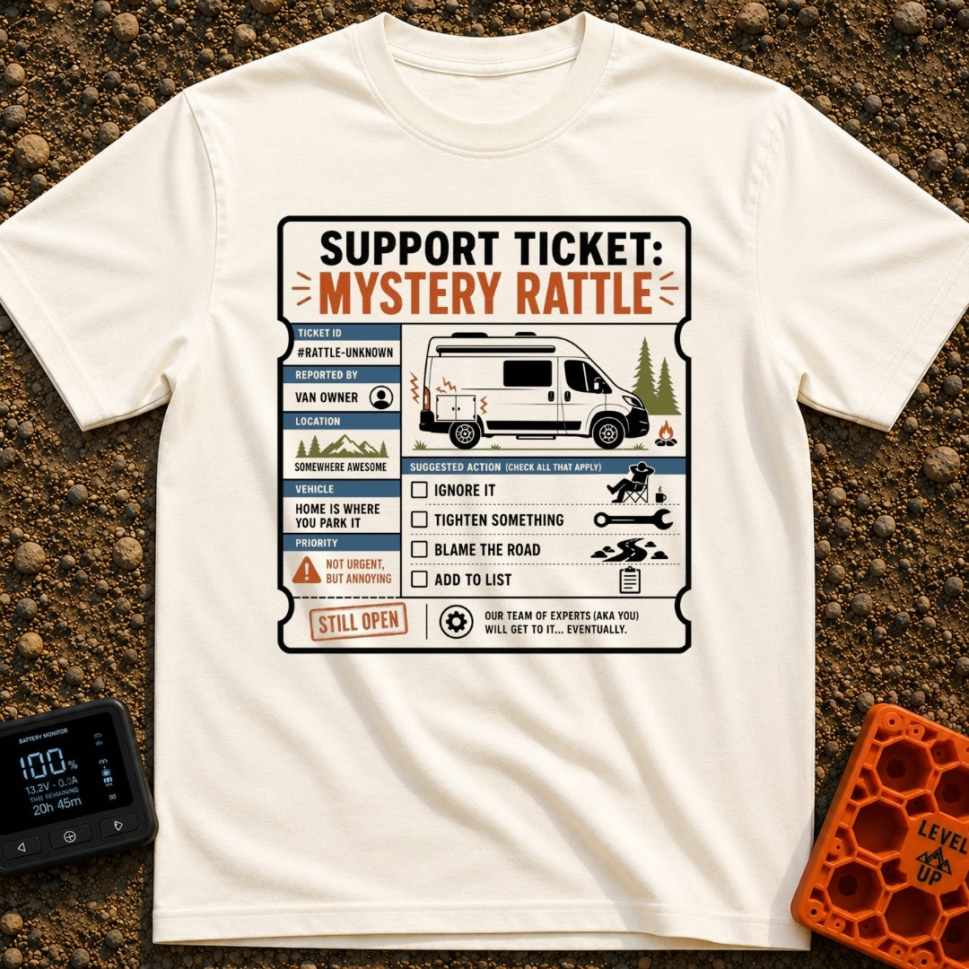 Mystery Rattle Support - T-Shirt in Ivory - A graphic styled as a mock support ticket titled "Mystery Rattle," featuring...