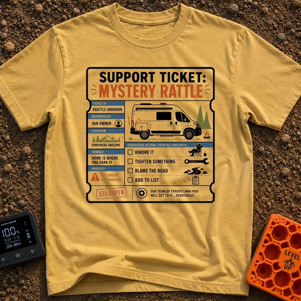 Mystery Rattle Support - T-Shirt in Mustard - A graphic styled as a mock support ticket titled "Mystery Rattle,"...