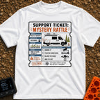 Mystery Rattle Support - T-Shirt in White - A graphic styled as a mock support ticket titled "Mystery Rattle," featuring...