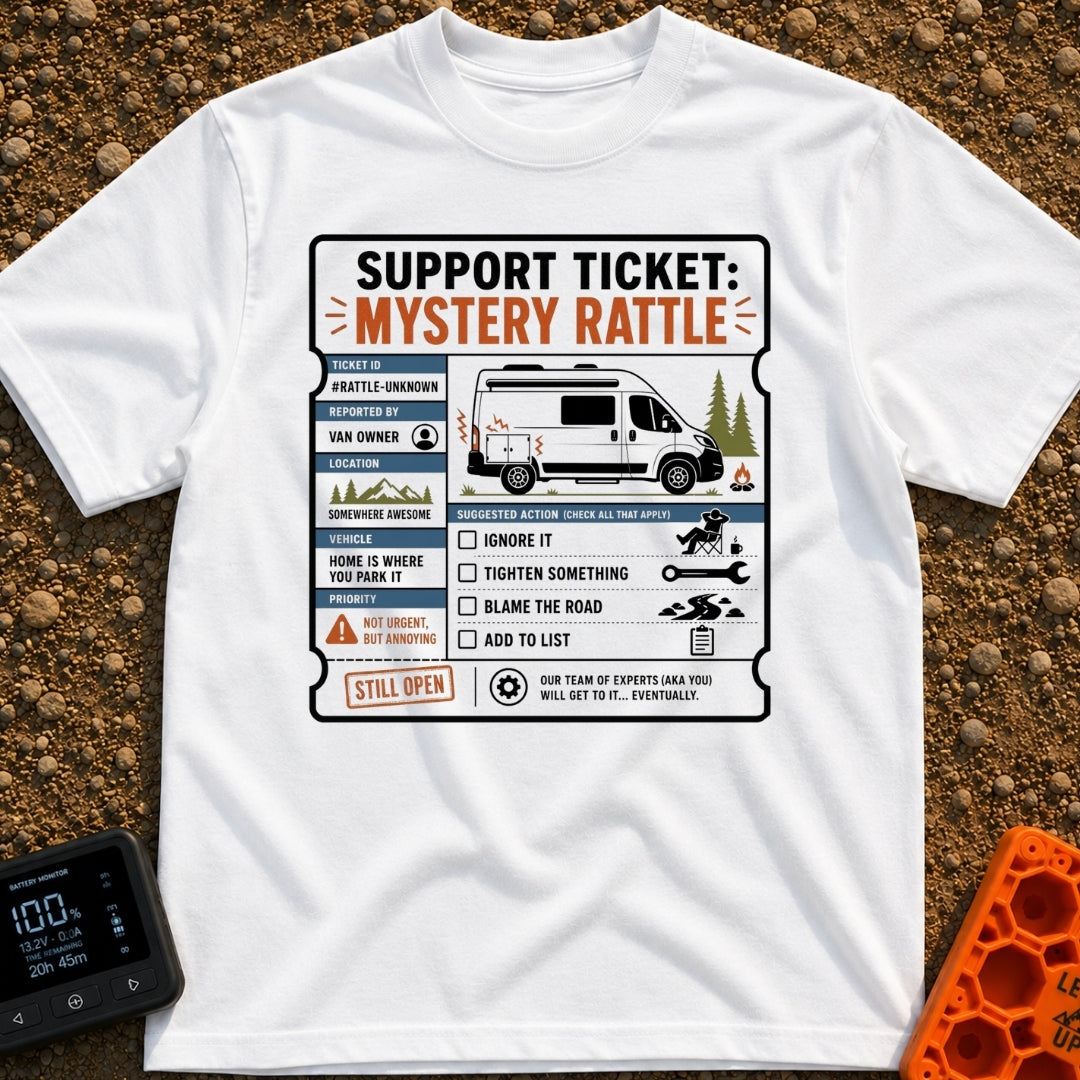 Mystery Rattle Support - T-Shirt in White - A graphic styled as a mock support ticket titled "Mystery Rattle," featuring...