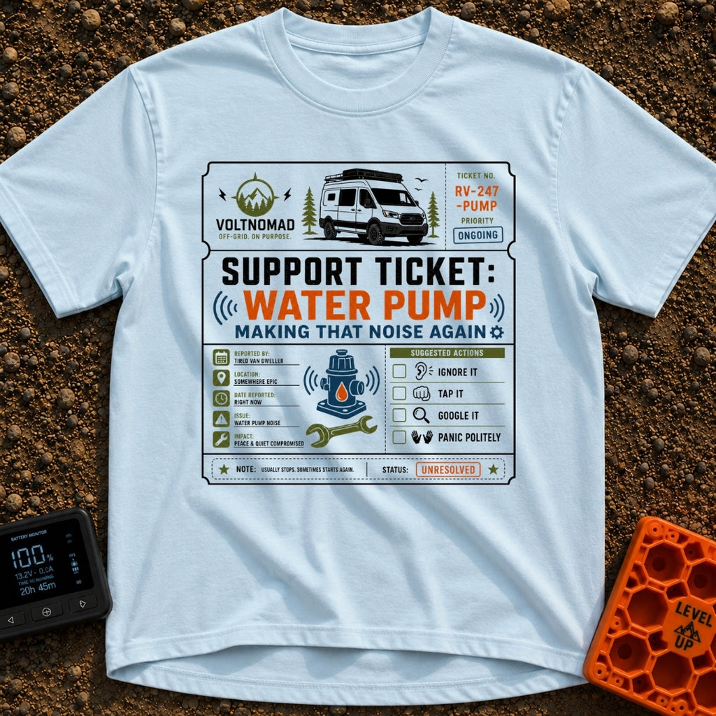 Making That Noise Again - T-Shirt in Chambray - A graphic formatted like a support ticket featuring a white camper van at...