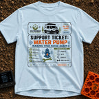 Making That Noise Again - T-Shirt in Chambray - A graphic formatted like a support ticket featuring a white camper van at...