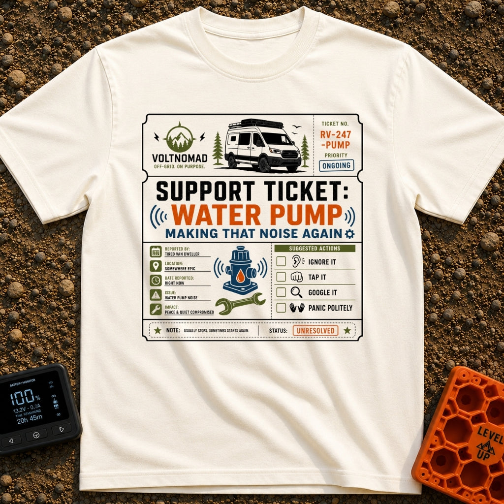 Making That Noise Again - T-Shirt in Ivory - A graphic formatted like a support ticket featuring a white camper van at...