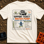 Making That Noise Again - T-Shirt in Ivory - A graphic formatted like a support ticket featuring a white camper van at...
