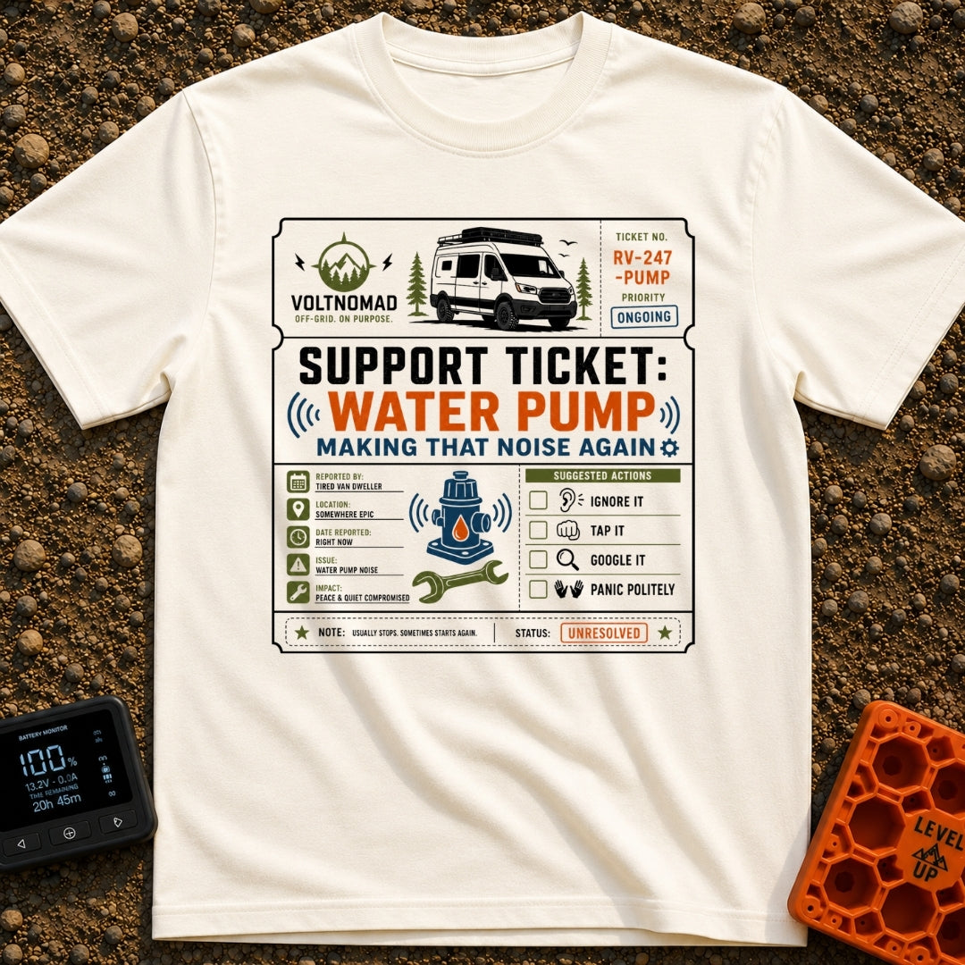 Making That Noise Again - T-Shirt in Ivory - A graphic formatted like a support ticket featuring a white camper van at...