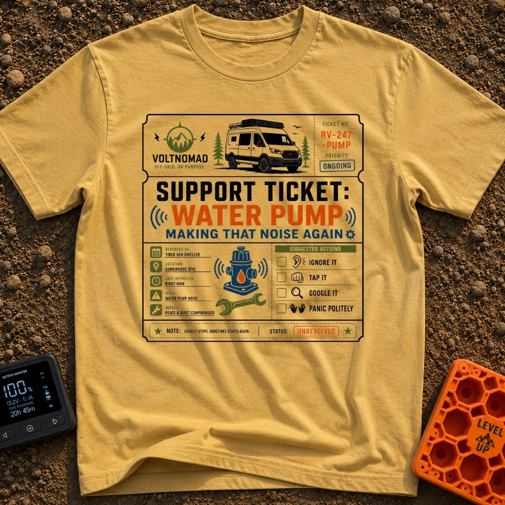 Making That Noise Again - T-Shirt in Mustard - A graphic formatted like a support ticket featuring a white camper van at...