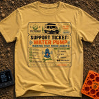 Making That Noise Again - T-Shirt in Mustard - A graphic formatted like a support ticket featuring a white camper van at...