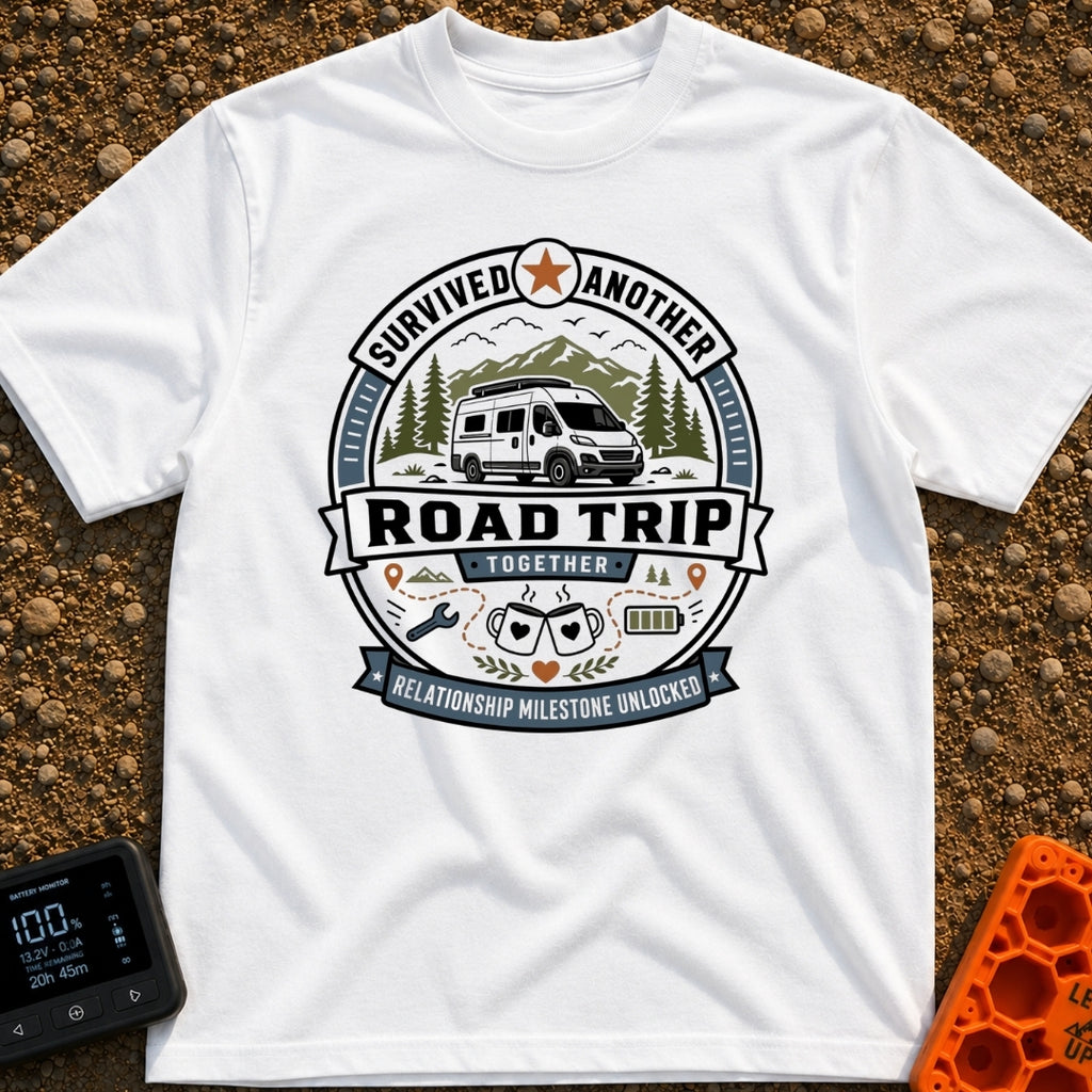 Relationship Milestone Unlocked - T-Shirt in White - A badge-style design featuring a white camper van parked in front of...