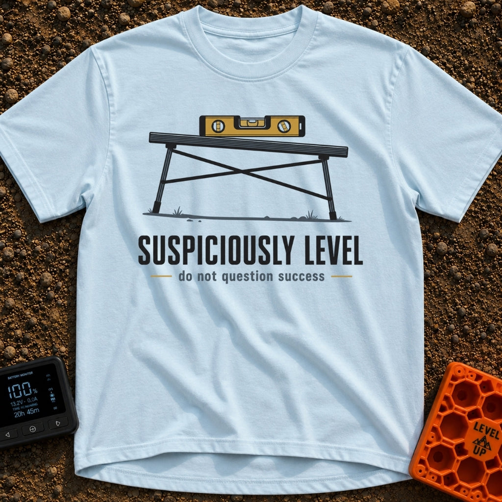 Seems Suspiciously Level - T-Shirt in Chambray - A yellow spirit level resting horizontally on top of a black folding...