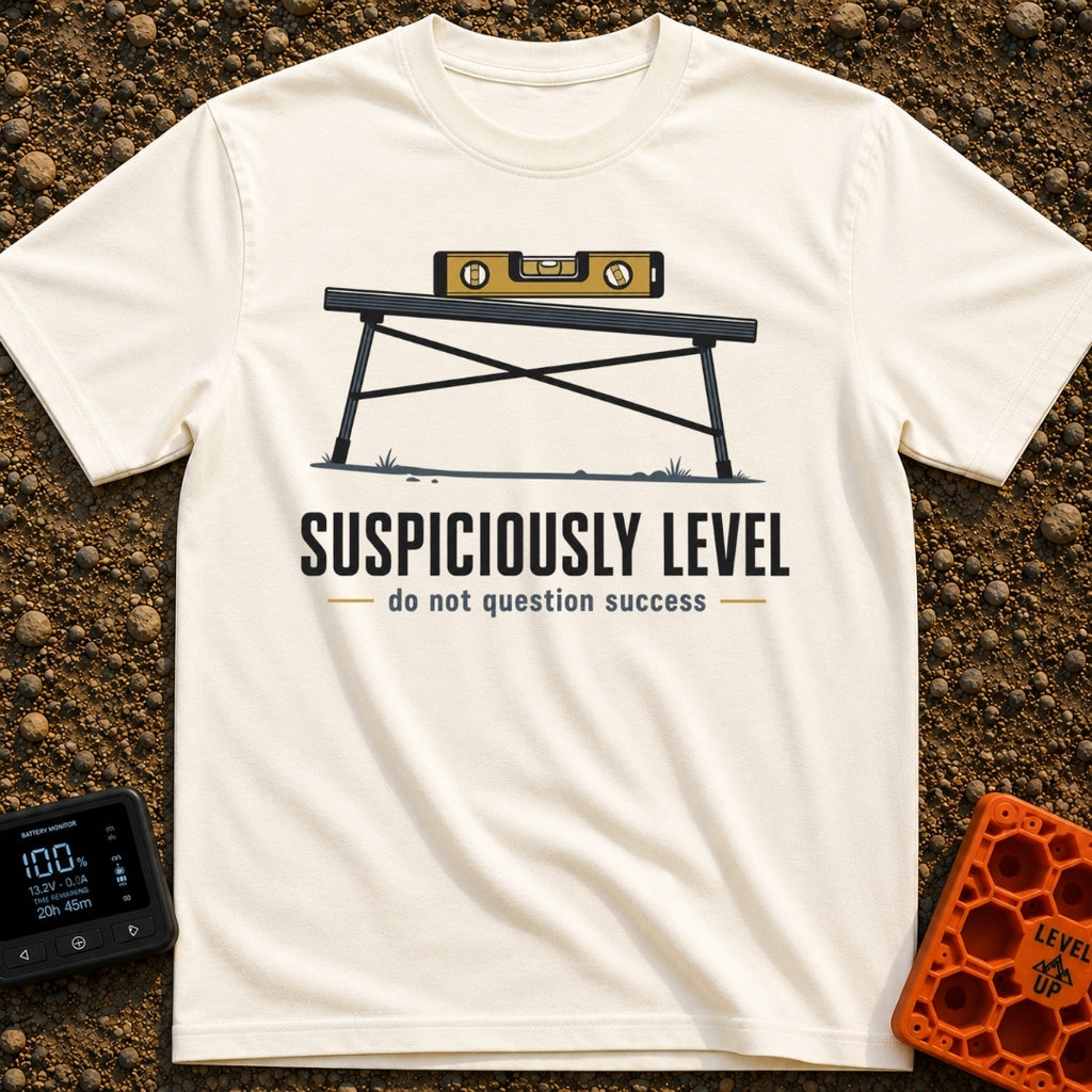 Seems Suspiciously Level - T-Shirt in Ivory - A yellow spirit level resting horizontally on top of a black folding camp...