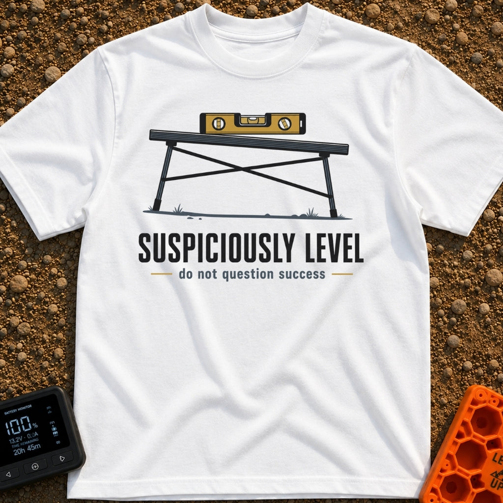 Seems Suspiciously Level - T-Shirt in White - A yellow spirit level resting horizontally on top of a black folding camp...