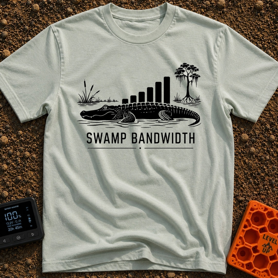 Buffering In The Bayou - T-Shirt in Bay - A black and white illustration of an alligator in water with swamp vegetation,...