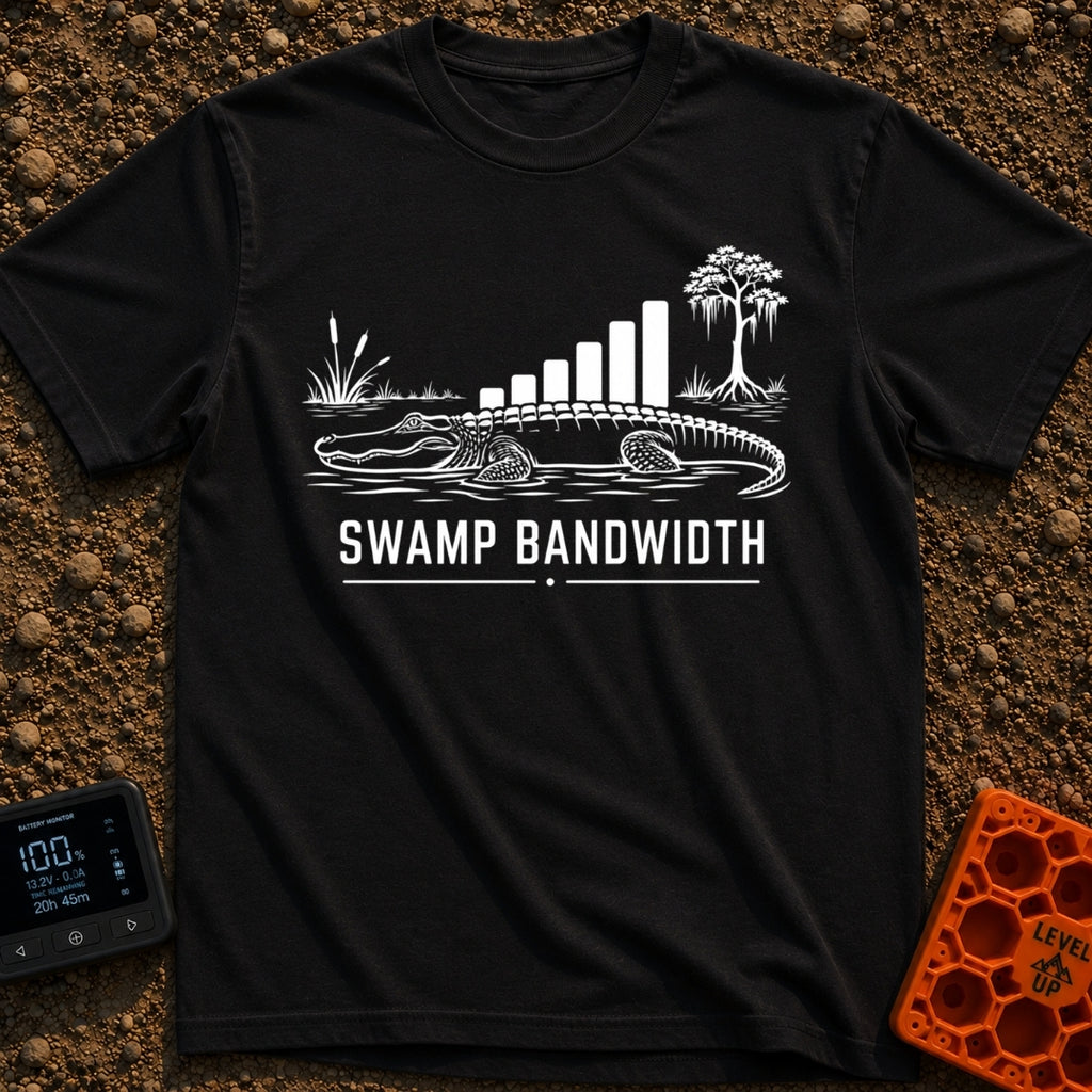 Buffering In The Bayou - T-Shirt in Black - A black and white illustration of an alligator in water with swamp...