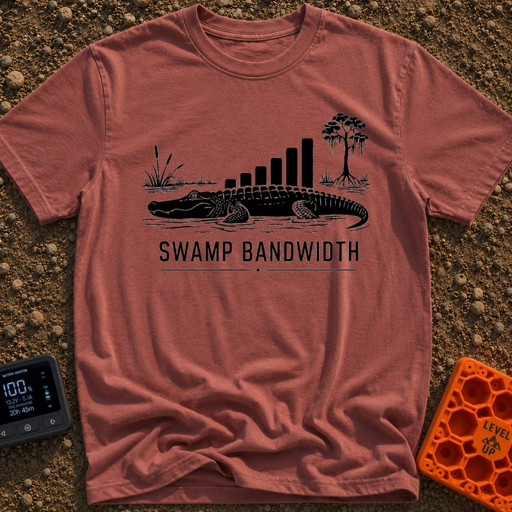 Buffering In The Bayou - T-Shirt in Brick - A black and white illustration of an alligator in water with swamp...