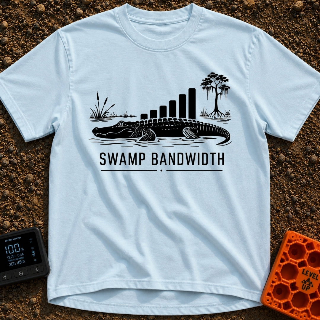 Buffering In The Bayou - T-Shirt in Chambray - A black and white illustration of an alligator in water with swamp...